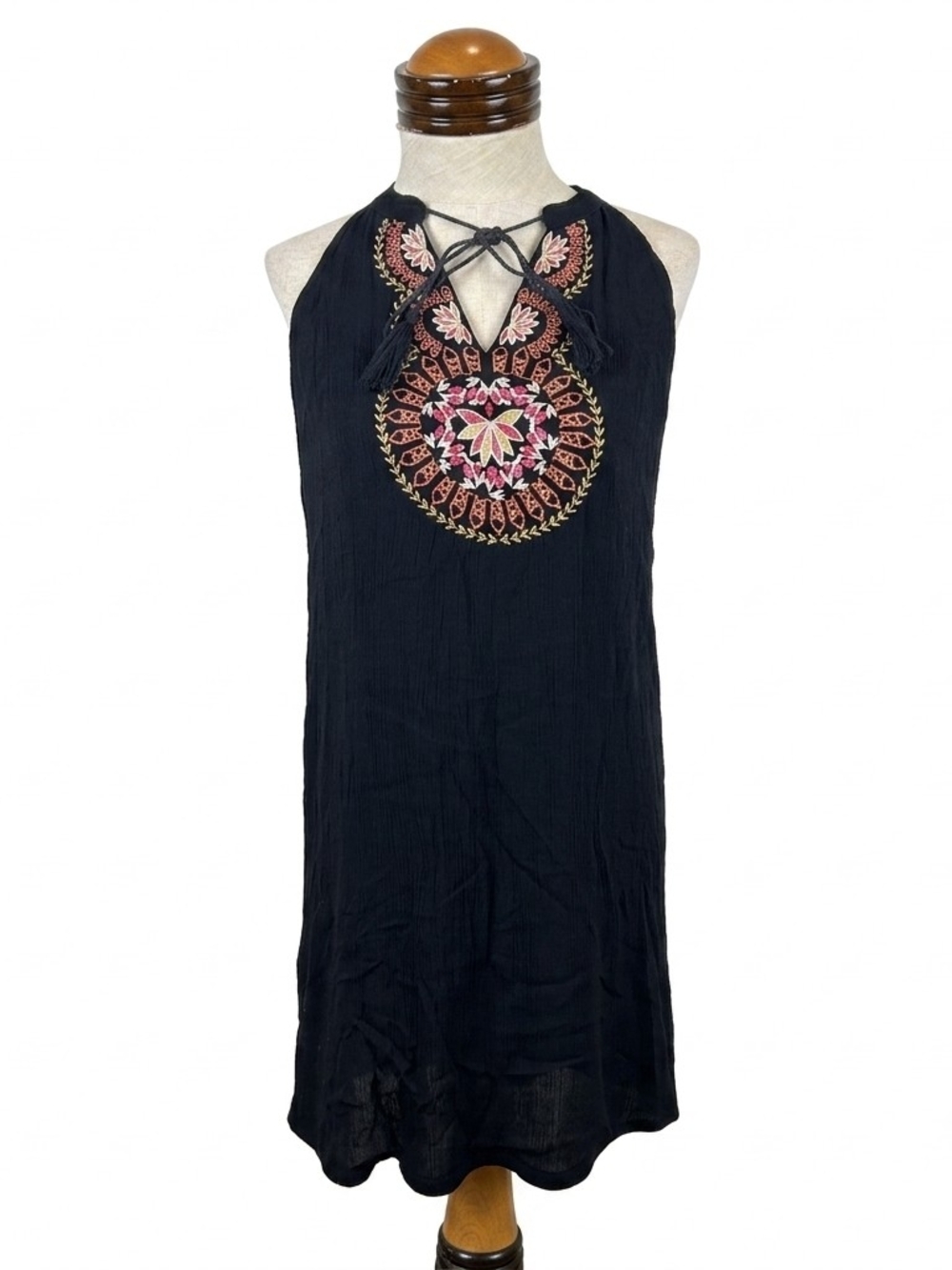 THML Navy blue sleeveless shift dress featuring vibrant floral embroidery